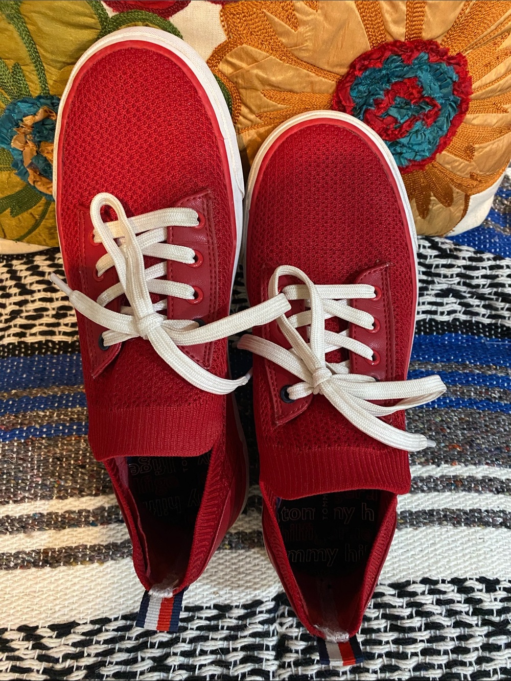 Tommy Hilfiger Red Knit Slip on Lace-Up Sneakers with White Laces